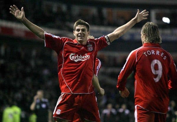 Liverpool's Steven Gerrard celebrates scoring his sides second goal of the game with Fernando Torres