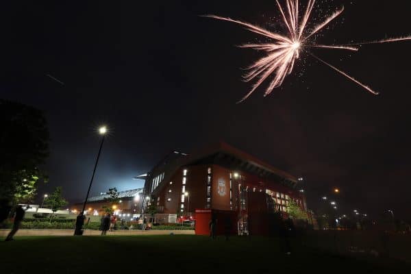 Fireworks are set off outside Anfield Stadium. ( Peter Byrne/PA Wire/PA Images)