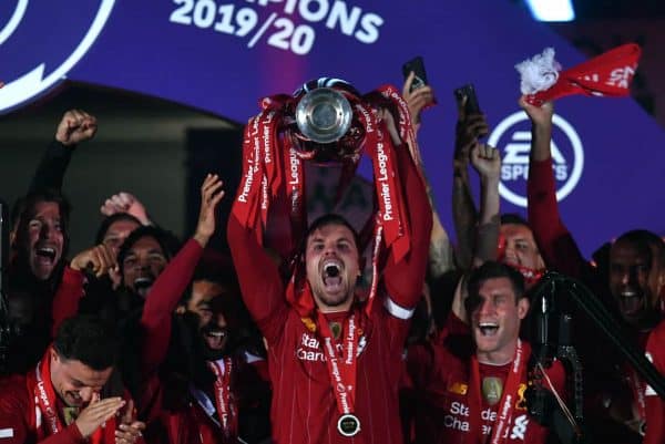 Liverpool captain Jordan Henderson lifts the Premier League Trophy following the Premier League match at Anfield, Liverpool. (Paul Ellis/PA Wire/PA Images)