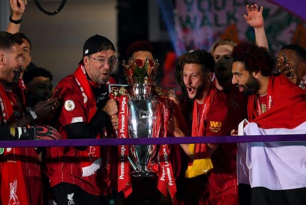 Liverpool manager Jurgen Klopp celebrates with the Premier League trophy after the Premier League match at Anfield, Liverpool. ( Laurence Griffiths/PA Wire/PA Images)