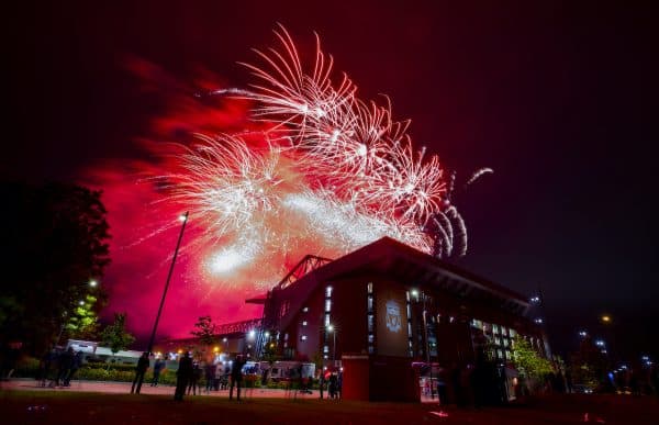 Fireworks are set off at Anfield Stadium as they lift the Premier League Trophy. ( Peter Byrne/PA Wire/PA Images)