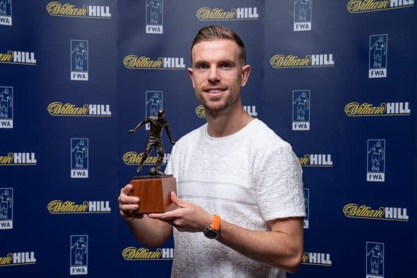 Jordan Henderson of Liverpool Football Club receives the Football Writers Association’s Player of the Year trophy, which is sponsored by William Hill. PA Photo. ( Dave Thompson/PA Wire/PA Images)