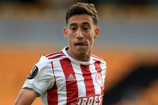 Olympiakos' Konstantinos Tsimikas during the UEFA Europa League round of 16 second leg match at the Molineux Stadium, Wolverhampton. Thursday August 6, 2020. See PA story SOCCER Wolves. Photo credit should read: Mike Egerton/PA Wire.