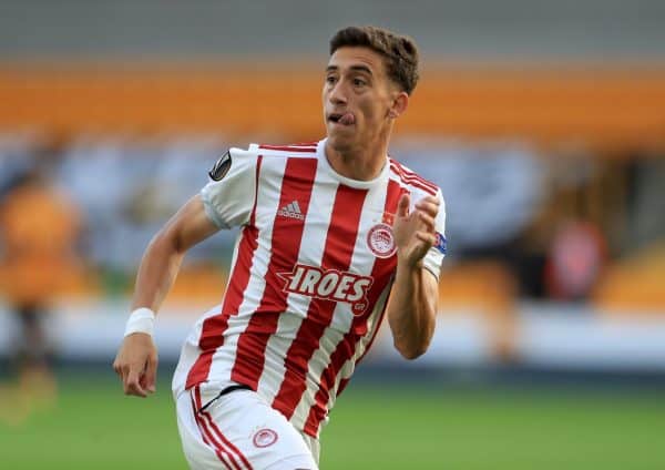 Olympiakos' Konstantinos Tsimikas during the UEFA Europa League round of 16 second leg match at the Molineux Stadium, Wolverhampton. Thursday August 6, 2020. See PA story SOCCER Wolves. Photo credit should read: Mike Egerton/PA Wire.