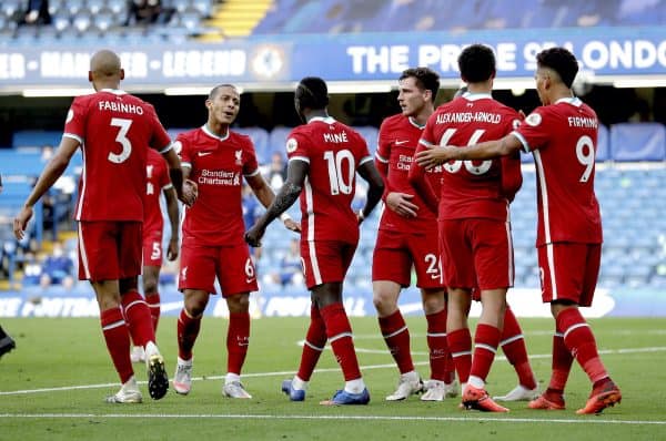 Liverpool's Sadio Mane (centre) celebrates scoring his side's second goal of the game with his teammates during the Premier League match at Stamford Bridge, London. (Image: Michael Regan/PA Wire/PA Images)