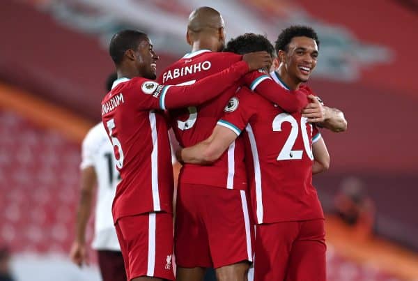 Liverpool's Diogo Jota (second right) celebrates scoring his side's third goal of the game with team-mates during the Premier League match at Anfield, Liverpool. (Laurence Griffiths/PA Wire/PA Images)