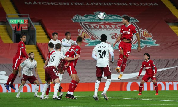 Liverpool's Marko Grujic (16) heads at goal during the Carabao Cup fourth round match at Anfield, Liverpool. ( Peter Byrne/PA Wire/PA Images)