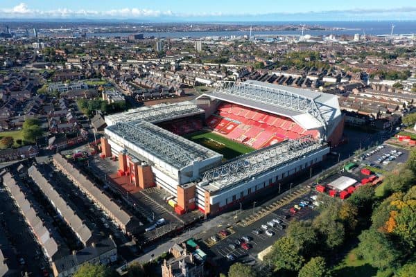 A general view of Anfield Stadium taken by drone from Stanley Park. ( Richard McCarthy/PA Wire/PA Images)