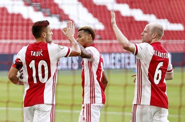 AMSTERDAM - (lr) Dusan Tadic of Ajax, David Neres of Ajax, Davy Klaassen or Ajax celebrate the 2-0 during the Dutch Eredivisie match between Ajax and SC Heerenveen in the Johan Cruijff Arena on October 18, 2020 in Amsterdam, The Netherlands. ANP MAURICE VAN STEEN