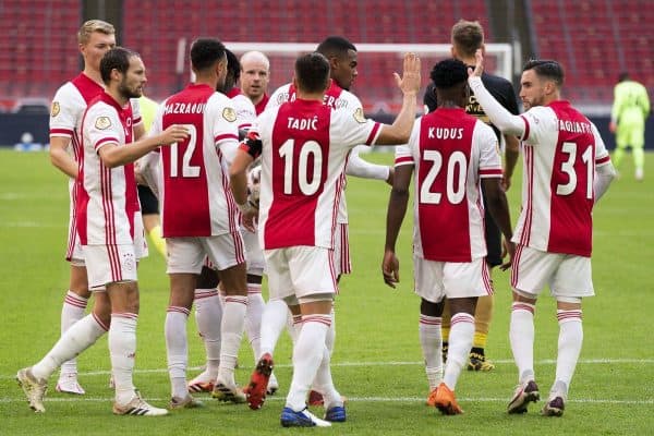 AMSTERDAM , 18-10-2020 , JohanCruyff Arena , Dutch Eredivisie, Season 2019-2020 , Ajax - SC Heerenveen , Ajax player Dusan Tadic celebrating the 2-0 (Photo by Pro Shots/Sipa USA)