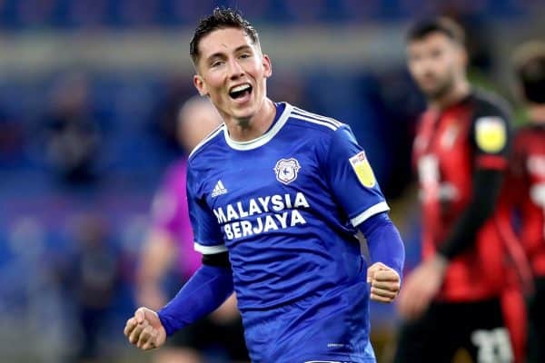 Cardiff City's Harry Wilson celebrates scoring his side's first goal of the game during the Sky Bet Championship match at the Cardiff City Stadium.