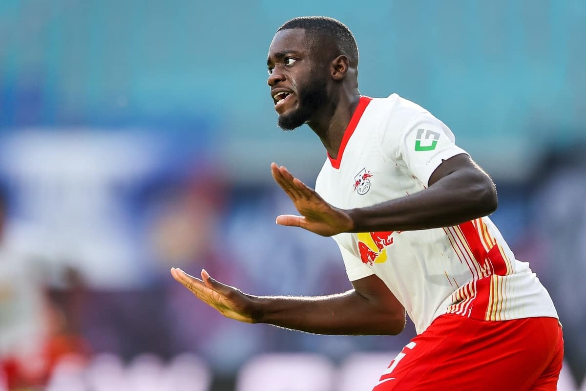 24 October 2020, Saxony, Leipzig: Football: Bundesliga, 5th matchday, RB Leipzig - Hertha BSC in the Red Bull Arena Leipzig. Leipzig's Dayot Upamecano cheers after his equaliser for 1:1. Photo: Jan Woitas/dpa-Zentralbild/dpa - IMPORTANT NOTE: In accordance with the regulations of the DFL Deutsche Fu?ball Liga and the DFB Deutscher Fu?ball-Bund, it is prohibited to exploit or have exploited in the stadium and/or from the game taken photographs in the form of sequence images and/or video-like photo series.