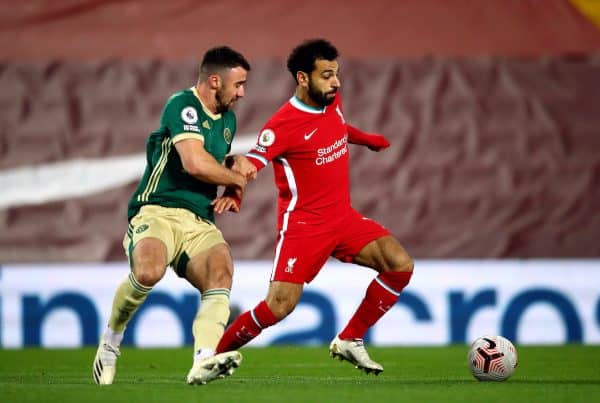 Sheffield United's Enda Stevens (left) and Liverpool's Mohamed Salah during the Premier League match at Anfield, Liverpool. (Image: Michael Steele/PA Wire/PA Images)