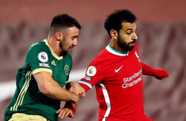 Sheffield United's Enda Stevens (left) and Liverpool's Mohamed Salah during the Premier League match at Anfield, Liverpool. (Image: Michael Steele/PA Wire/PA Images)