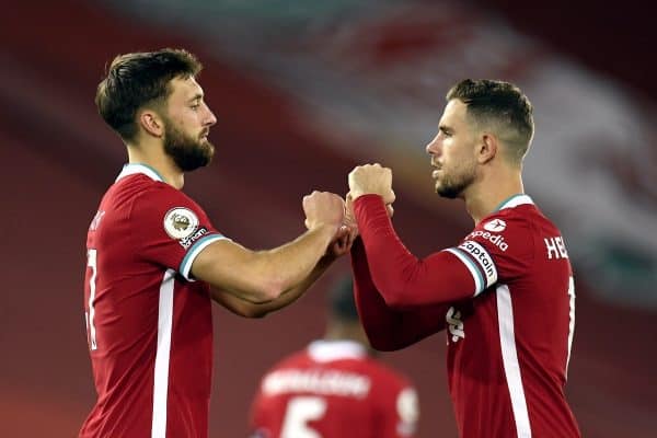 Liverpool's Nathaniel Phillips (left) and Jordan Henderson before the Premier League match at Anfield, Liverpool.