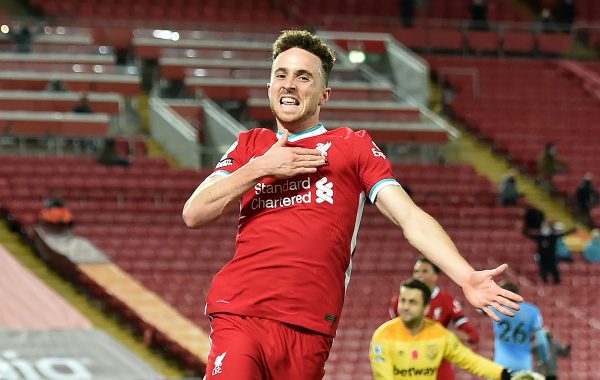 Liverpool's Diogo Jota celebrates scoring his side's second goal of the game during the Premier League match at Anfield, Liverpool. (Peter Powell/PA Wire/PA Images)