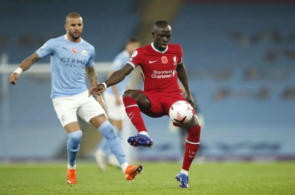 Liverpool's Sadio Mane (right) and Manchester City's Kyle Walker in action during the Premier League match at the Etihad Stadium, Manchester. (Clive Brunskill/PA Wire/PA Images)