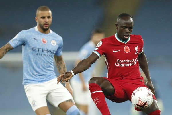 Liverpool's Sadio Mane (right) and Manchester City's Kyle Walker in action during the Premier League match at the Etihad Stadium, Manchester. (Clive Brunskill/PA Wire/PA Images)