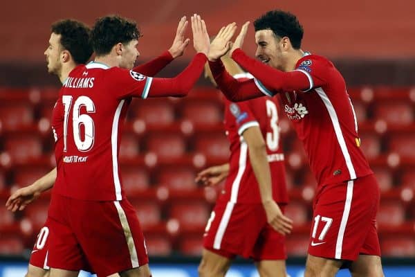 Liverpool's Curtis Jones (no.17) celebrates scoring his side's first goal of the game with Neco Williams during the UEFA Champions League Group D match at Anfield, Liverpool.