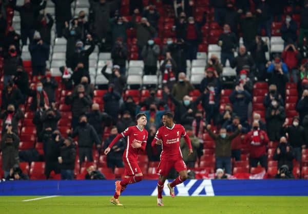 Liverpool's Georginio Wijnaldum (right) celebrates scoring his side's second goal of the game in front of returning fans during the Premier League match at Anfield, Liverpool. (Jon Super/PA Wire/PA Images)