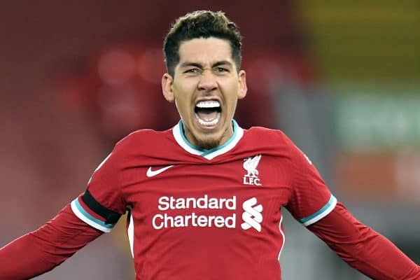 Liverpool's Roberto Firmino celebrates scoring his sides second goal during the Premier League match at Anfield, Liverpool.