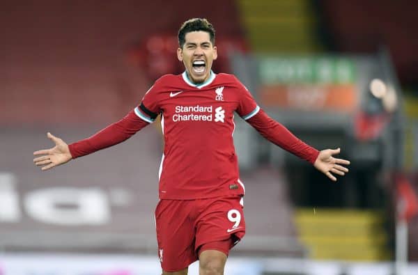 Liverpool's Roberto Firmino celebrates scoring his sides second goal during the Premier League match at Anfield, Liverpool. (Peter Powell/PA Wire/PA Images)