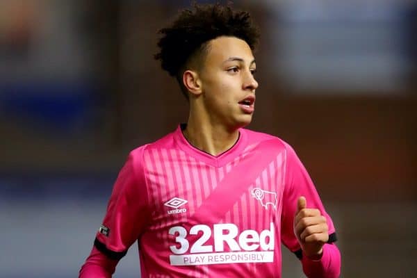 Derby County's Kaide Gordon during the Sky Bet Championship match at St Andrews Trillion Trophy Stadium, Birmingham.