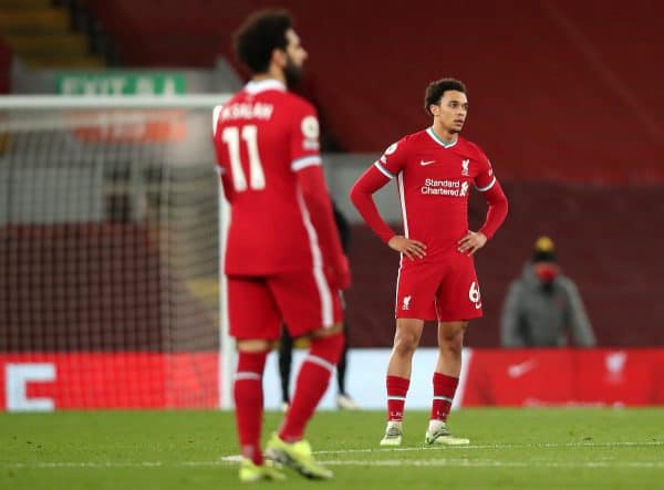 Liverpool's Mohamed Salah (left) and Trent Alexander-Arnold appear dejected during the Premier League match at Anfield, Liverpool. Picture date: Thursday January 21, 2021. (Clive Brunskill/PA Wire/PA Images)