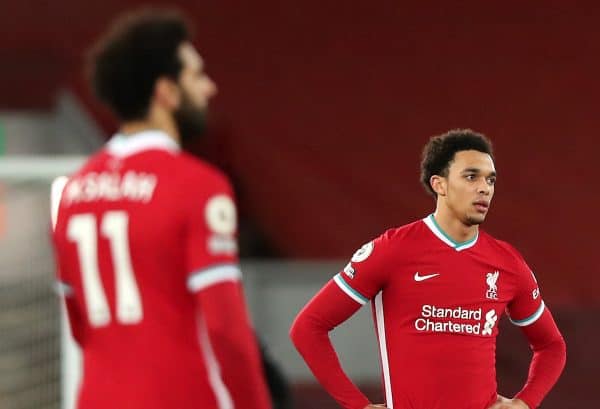 Liverpool's Mohamed Salah (left) and Trent Alexander-Arnold appear dejected during the Premier League match at Anfield, Liverpool. Picture date: Thursday January 21, 2021. (Clive Brunskill/PA Wire/PA Images)