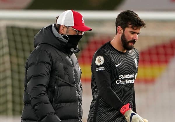 Liverpool manager Jurgen Klopp (left) and goalkeeper Alisson appears frustrated after the final whistle during the Premier League match at Anfield, Liverpool. Picture date: Thursday January 21, 2021. (Zac Goodwin/PA Wire/PA Images)