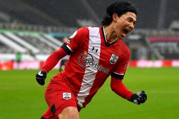 Southampton's Takumi Minamino celebrates scoring their side's first goal of the game during the Premier League match at St James' Park, Newcastle upon Tyne. Picture date: Saturday February 6, 2021.