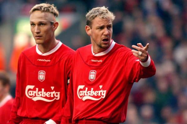 Liverpool's Sami Hyypia (l) and Stephane Henchoz (r)