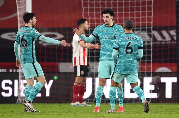 Liverpool's Curtis Jones celebrates scoring their side's first goal of the game during the Premier League match at Bramall Lane, Sheffield. (Oli Scarff/PA Wire/PA Images)