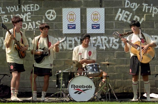 1996 Reebok ecru away kit launch, McManaman, Jones, Collymore, McAteer - at Melwood (PA/PA Archive/PA Images)