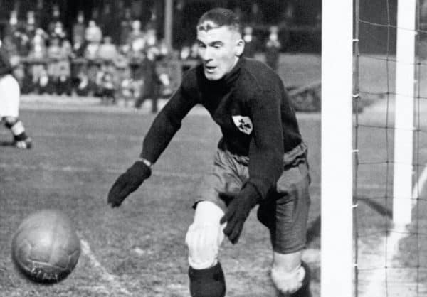 Liverpool goalkeeper Elisha Scott, playing for Northern Ireland, 1933