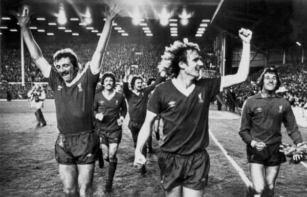 Liverpool players perform a lap of honour after winning 3-0 to clinch the League Championship for the third time in four years: (l-r) Alan Kennedy, David Johnson, Terry McDermott, Phil Thompson, Ray Clemence (PA Photos/PA Archive/PA Images)