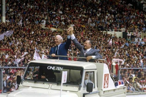 1983 charity shield, Busby and Paisley (Image: Peter Robinson/EMPICS Sport)