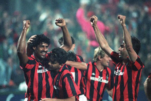 (L-R) AC Milan's Frank Rijkaard celebrates his goal with teammates Alessandro Costacurta and Carlo Ancelotti ( Studio Buzzi/Buzzi/PA Images)