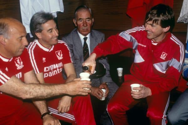 Ronnie Moran, Roy Evans, , Dalglish. Celebrate winning the title, 1988 (All Action/EMPICS Entertainment)