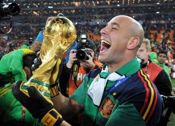 Pepe Reina of Spain celebrates with the World Cup trophy, 2010 ( Bernd Weissbrod/DPA/PA Images)