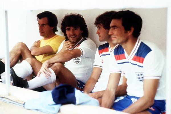 The substitutes' bench during England's World Cup match against Spain in Madrid. (Left to Right) Goalkeeper Ray Clemence, injured captain Kevin Keegan, Glenn Hoddle and Trevor Brooking.