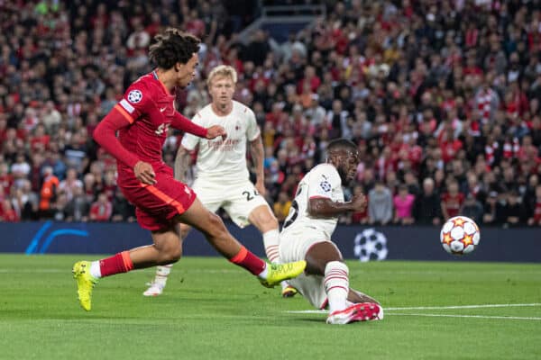 LIVERPOOL, ENGLAND - Wednesday, September 15, 2021: Liverpool's Trent Alexander-Arnold scores the 1st goal during the UEFA Champions League Group B Matchday 1 game between Liverpool FC and AC Milan at Anfield. (Pic by Paul Currie/Propaganda)