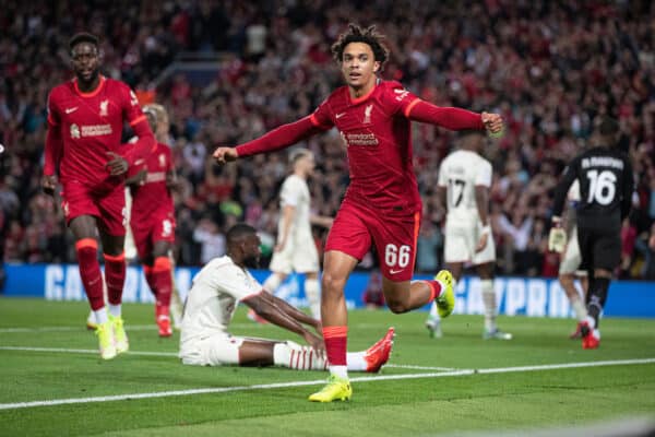 LIVERPOOL, ENGLAND - Wednesday, September 15, 2021: Liverpool's Trent Alexander-Arnold celebrates scoring the 1st goal during the UEFA Champions League Group B Matchday 1 game between Liverpool FC and AC Milan at Anfield. (Pic by Paul Currie/Propaganda)