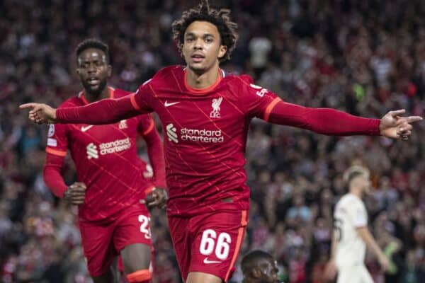 LIVERPOOL, ENGLAND - Wednesday, September 15, 2021: Liverpool's Trent Alexander-Arnold celebrates scoring the 1st goal during the UEFA Champions League Group B Matchday 1 game between Liverpool FC and AC Milan at Anfield. (Pic by Paul Currie/Propaganda)