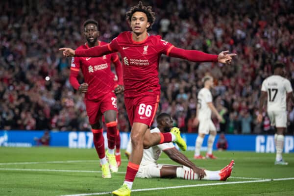 LIVERPOOL, ENGLAND - Wednesday, September 15, 2021: Liverpool's Trent Alexander-Arnold celebrates scoring the 1st goal during the UEFA Champions League Group B Matchday 1 game between Liverpool FC and AC Milan at Anfield. (Pic by Paul Currie/Propaganda)