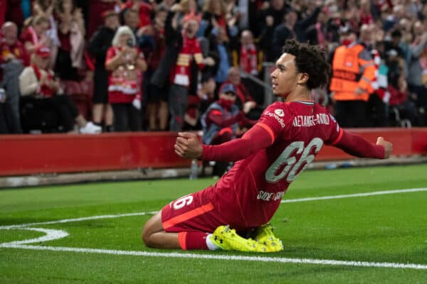 LIVERPOOL, ENGLAND - Wednesday, September 15, 2021: Liverpool's Trent Alexander-Arnold celebrates scoring the 1st goal during the UEFA Champions League Group B Matchday 1 game between Liverpool FC and AC Milan at Anfield. (Pic by Paul Currie/Propaganda)