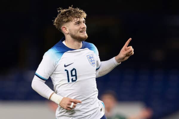 LIVERPOOL, ENGLAND - Tuesday, November 21, 2023: England's Harvey Elliott celebrates scoring the 3rd goal during the 2025 UEFA European Under-21 Championship Qualifying Group F game between England and Northern Ireland at Goodison Park. (Photo by Paul Currie/Propaganda)