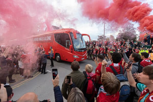 LIVERPOOL, ENGLAND - Wednesday, September 15, 2021: The Liverpool team bus arrives before the UEFA Champions League Group B Matchday 1 game between Liverpool FC and AC Milan at Anfield. (Pic by Paul Currie/Propaganda)