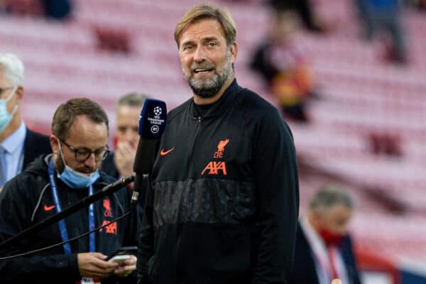 LIVERPOOL, ENGLAND - Wednesday, September 15, 2021: Liverpool's manager Jurgen Klopp talks to the media before the UEFA Champions League Group B Matchday 1 game between Liverpool FC and AC Milan at Anfield. (Pic by Paul Currie/Propaganda)