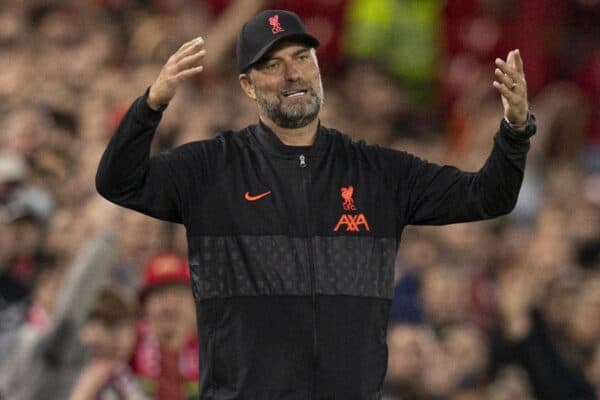 LIVERPOOL, ENGLAND - Wednesday, September 15, 2021: Liverpool's manager Jurgen Klopp during the UEFA Champions League Group B Matchday 1 game between Liverpool FC and AC Milan at Anfield. (Pic by Paul Currie/Propaganda)